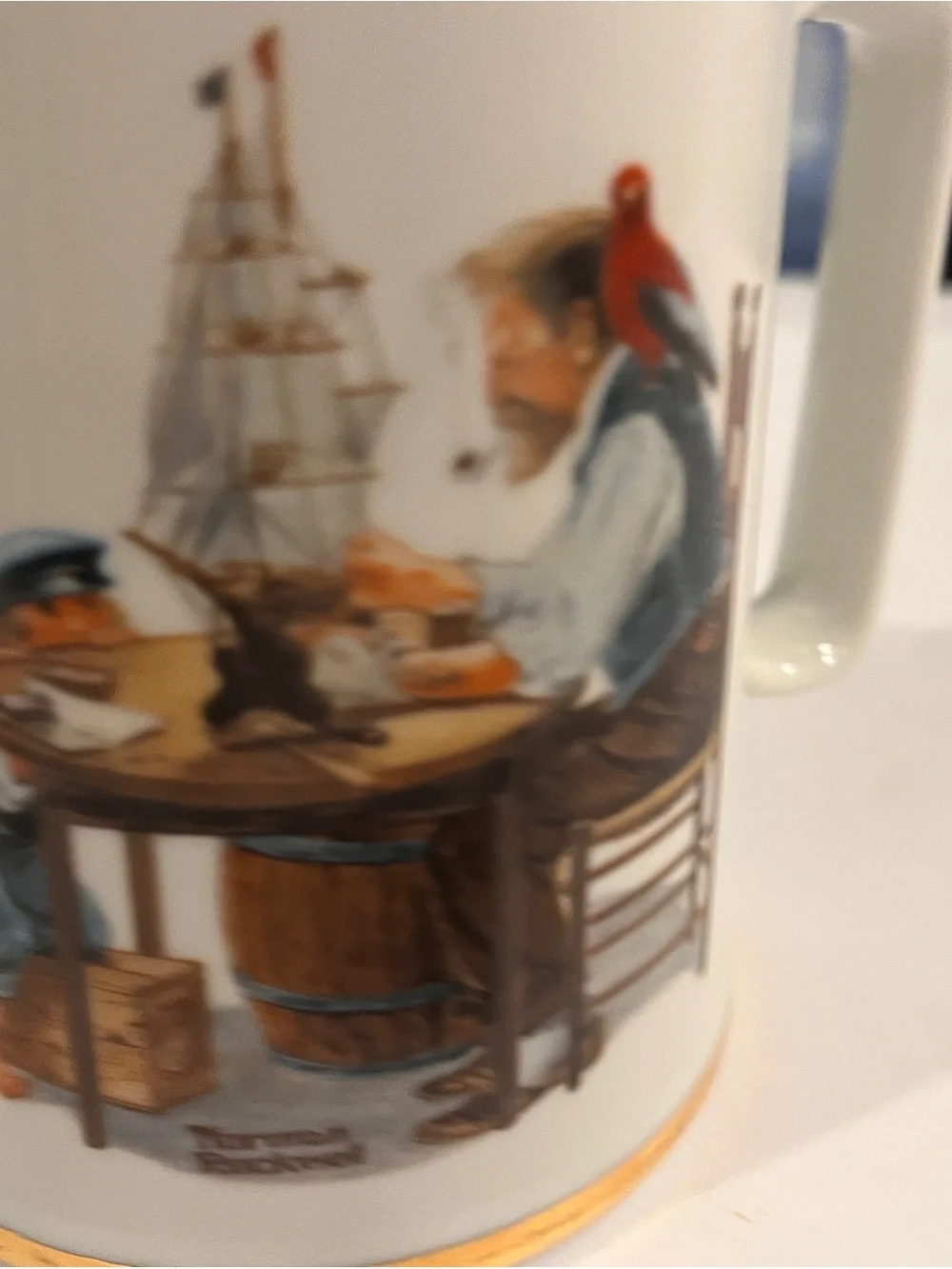 Vintage 1985 Norman Rockwell White and Gold Illustrated Ceramic Mugs - Pair